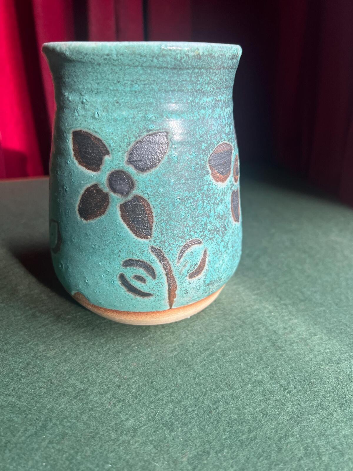 Studio Pottery Stoneware Vase Utensil holder. Floral design on blue textured glaze.