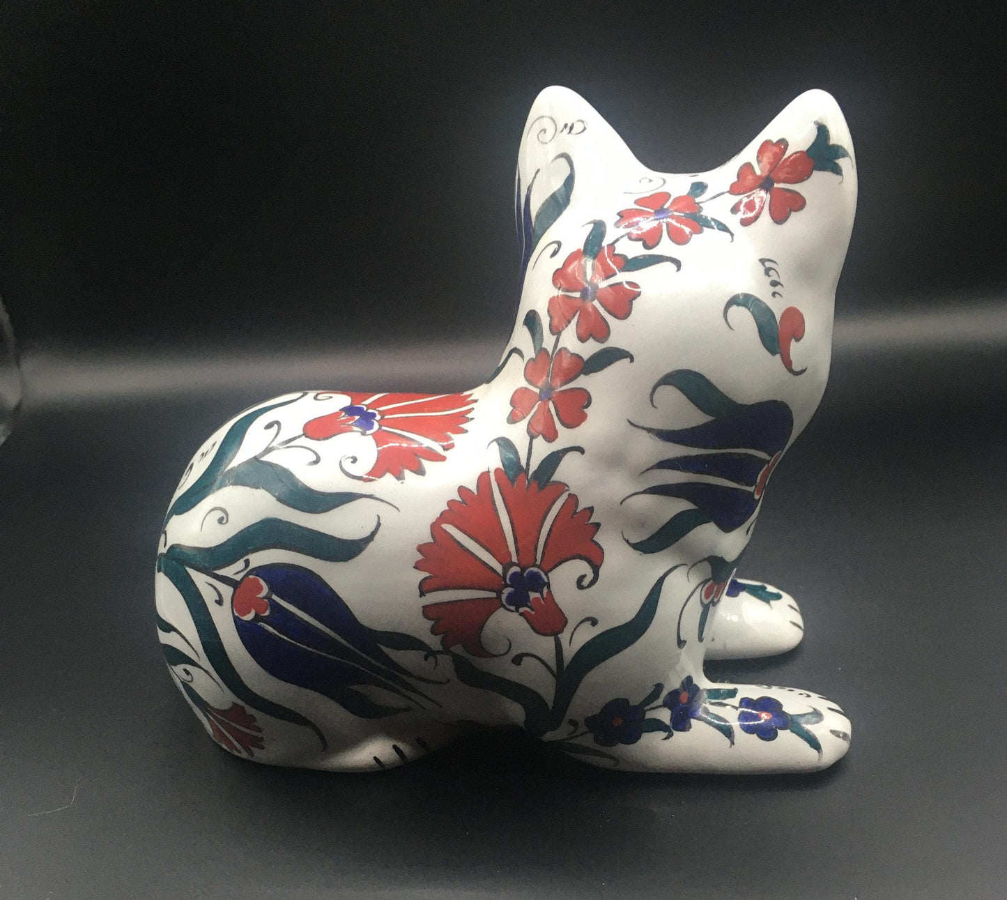 Pair of ceramic hand painted floral playful cat figurines. Signed Hand Made Türkiye.