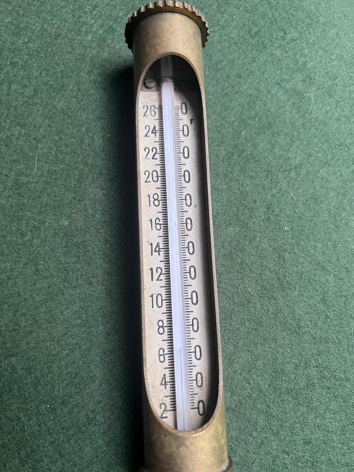 Vintage industrial brass thermometer gauge. Boiler engine temperature measurer. Scientific instrument collector gift.