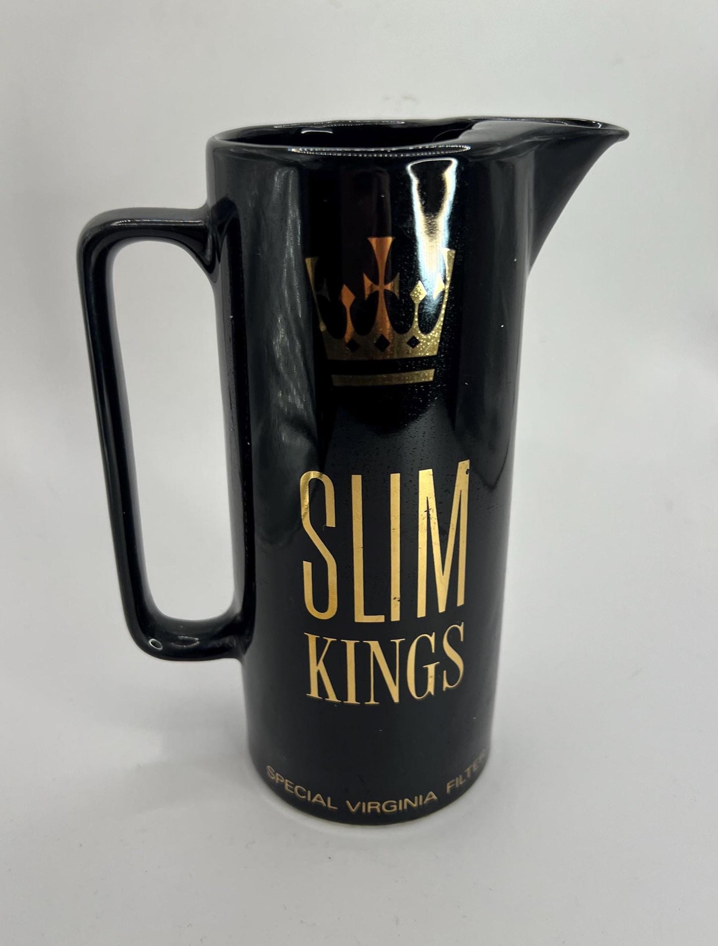 Black ceramic advertising barware water jug. Slim Kings Special Virginia Filter.