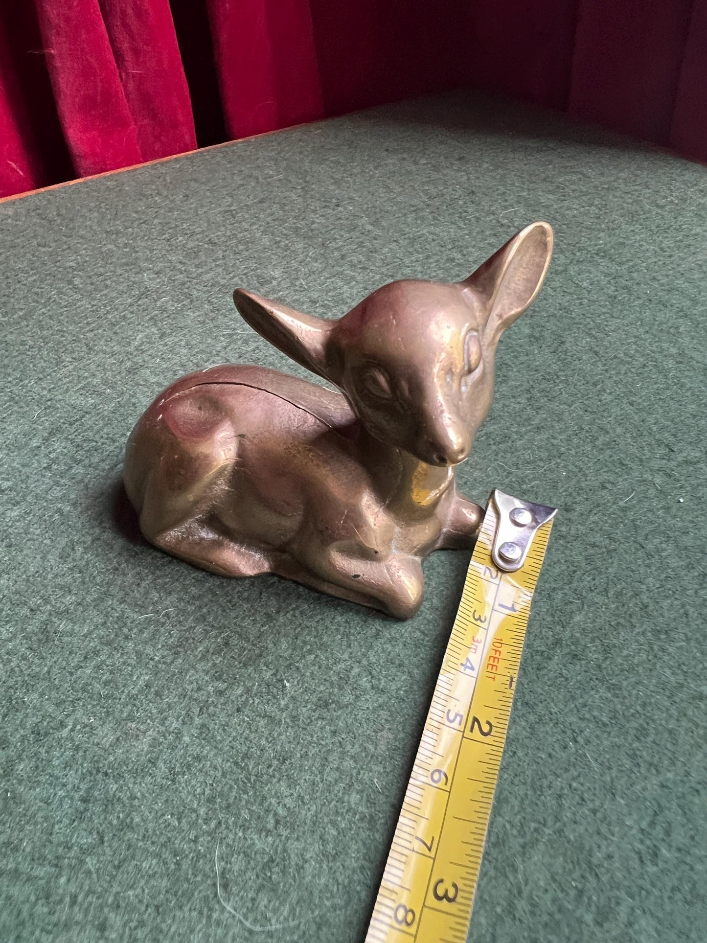 Vintage brass deer figurine. Resting fawn brass paperweight.