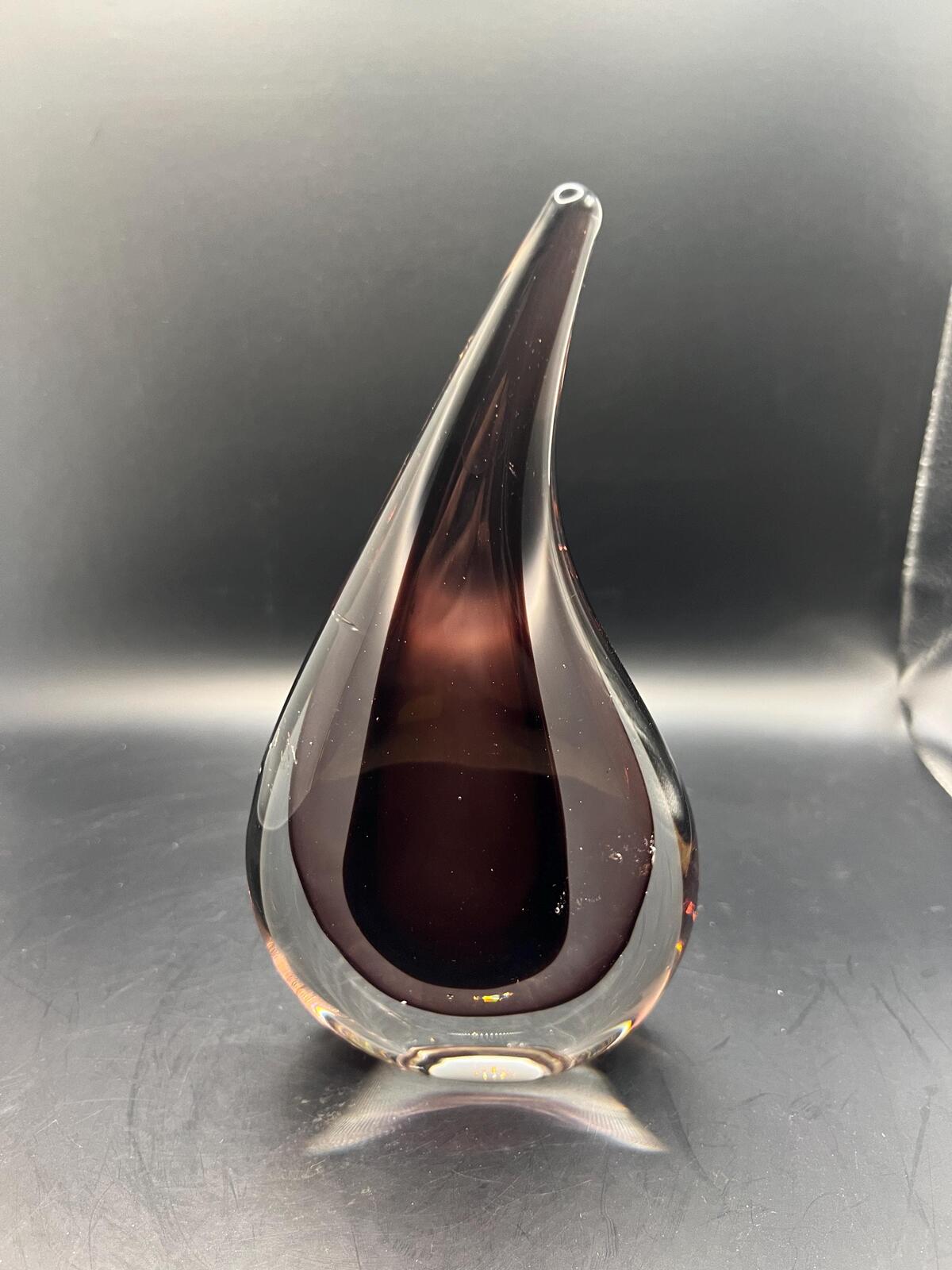 Murano style teardrop paperweight. Sommerso technique Purple and clear glass Vintage MCM sculpture