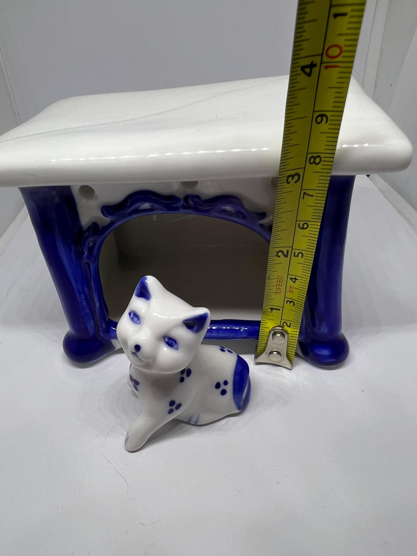 Vintage Gzhel porcelain cat on a table figurine. USSR.