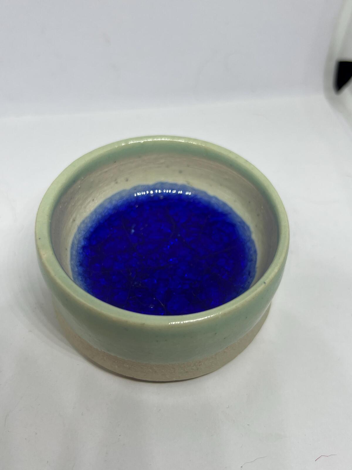 Studio pottery trinket dish. Blue Crackle glass glaze ring dish.