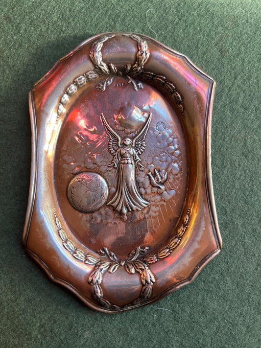 Vintage art nouveau style trinket pin tray. EPNS repoussé decoration Angel in heaven above earth with a dove. Gallery wall decor.