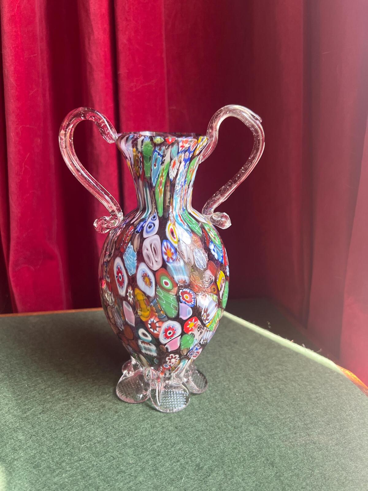 Vintage Murano art glass vase. Tutti Fruit twin handled millefiori. In the style of Fratelli Toso.. Art glass collector gift.