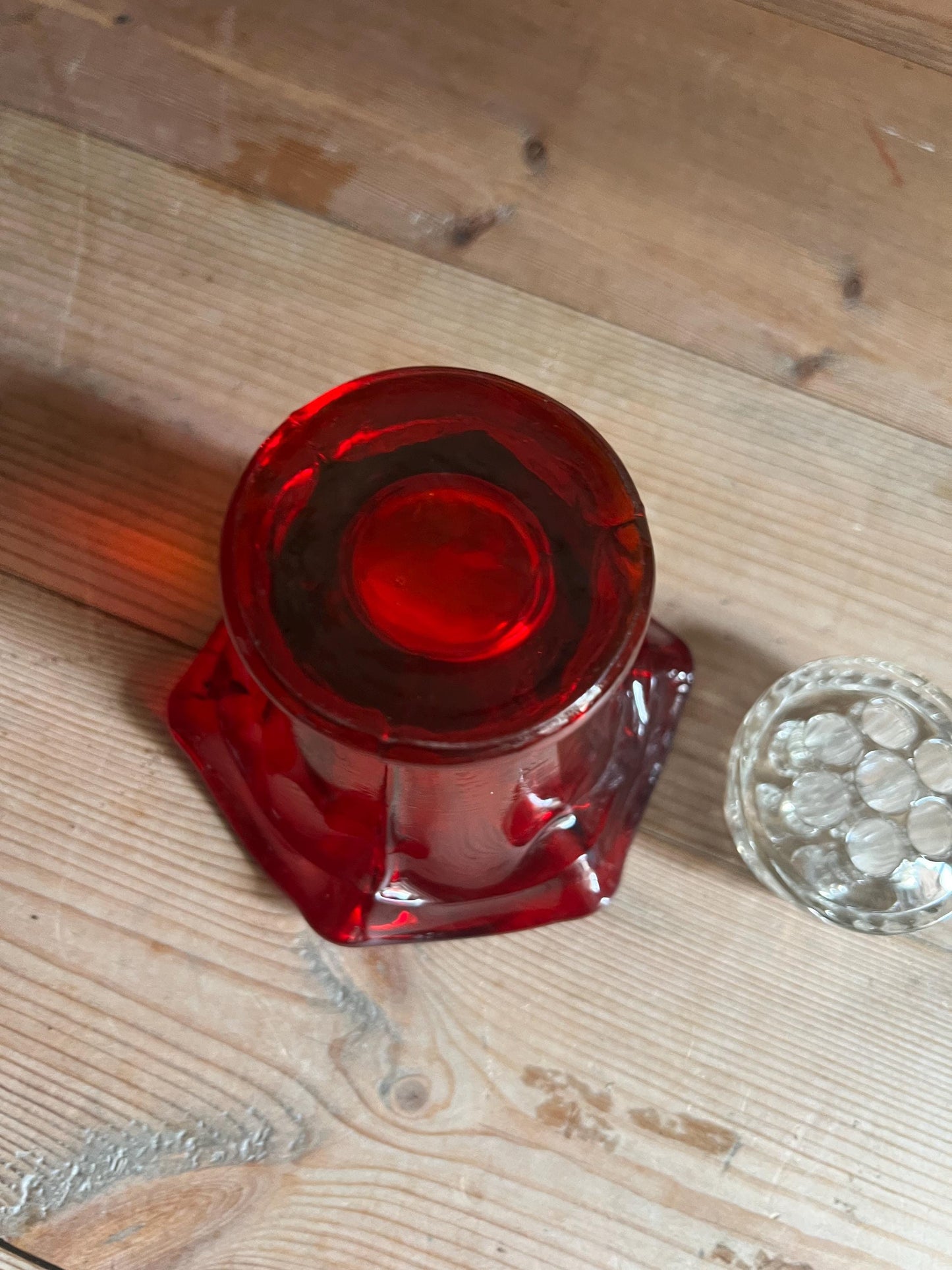 Art Deco style red glass posy vase with original clear glass flower frog. UV reactive.