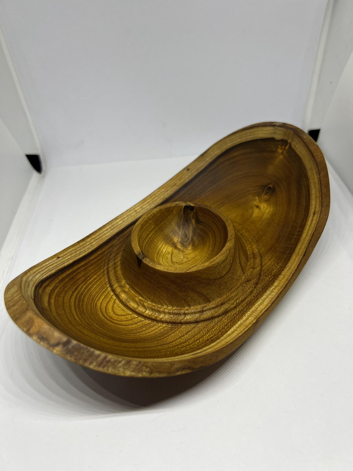 Unique hand turned wooden U shaped olive bowl.