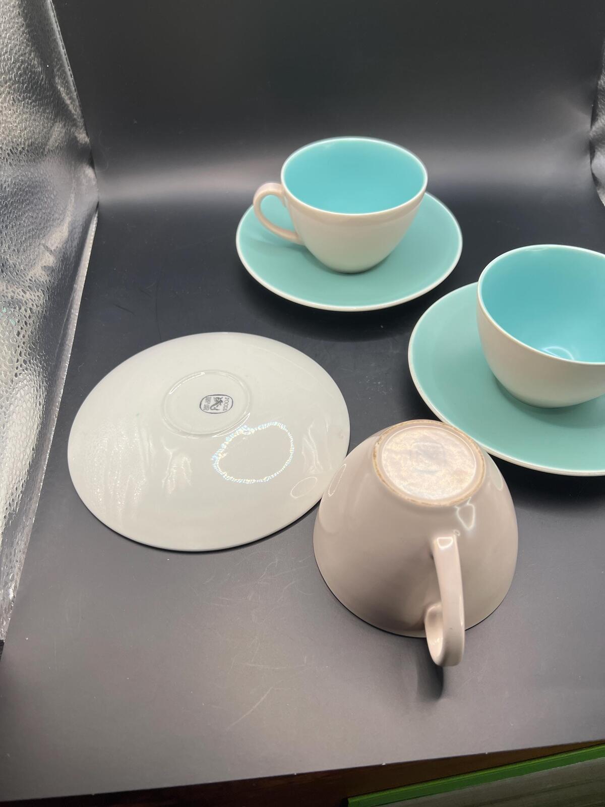 Vintage teacups and saucers Poole pottery Ice green mushroom twintone. Set of 3