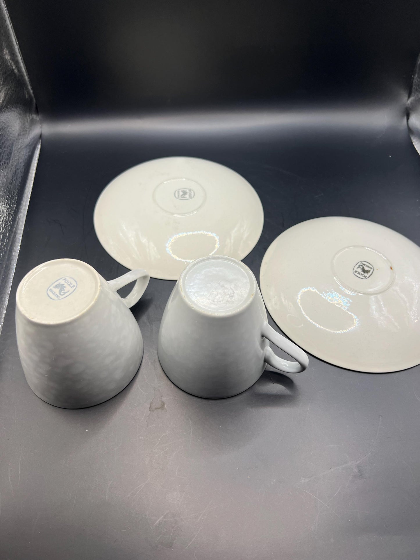 2 Poole Pottery Streamline Shape Cups and Saucers in Twintone Ice Green & Seagull colour.