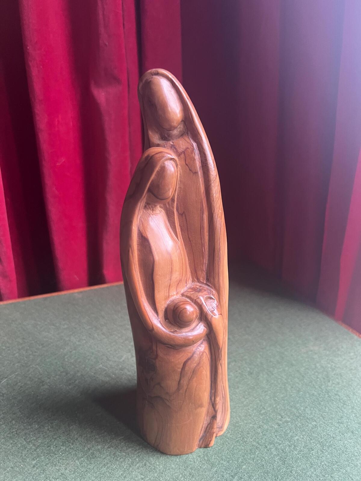 Vintage statue of the Holy Family. Abstract Joseph, Mary, baby Jesus. Hand-carved olive wood. Holy Land carving.