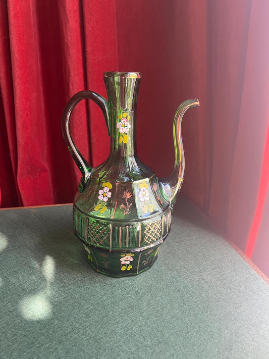 Antique emerald glass pitcher ewer. Hand blown with hand painted floral and gold details.