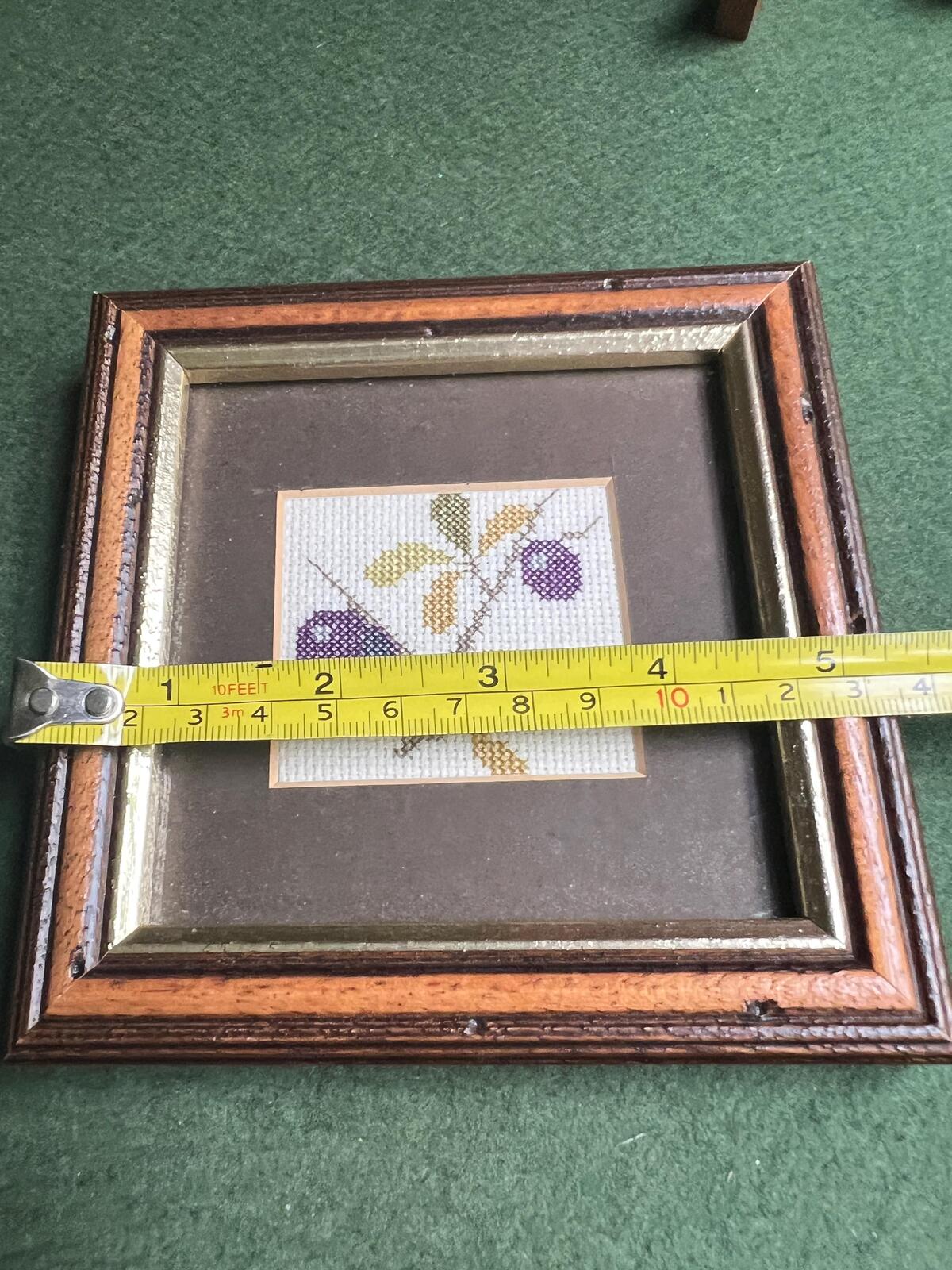 Hand stitched plum framed embroidery picture. Danish textile art gallery wall decor. Fruit theme textile arts.