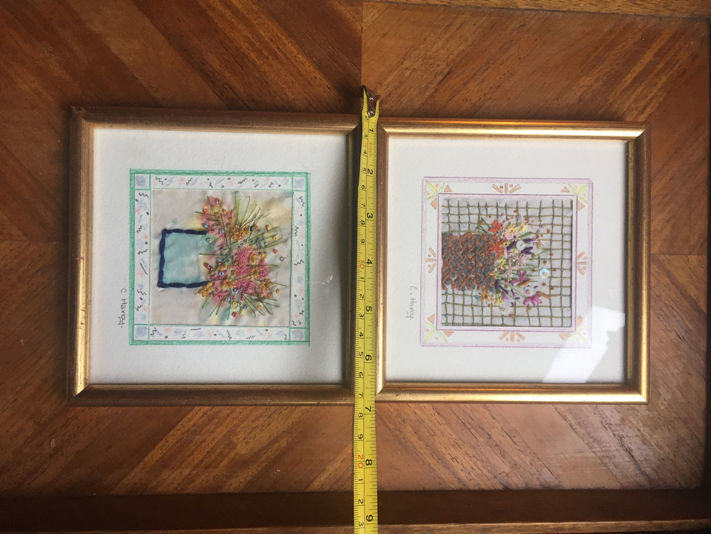 2 Beautiful detailed framed embroidery flower scenes. Signed C Haxby. Portfolio of Yarm.