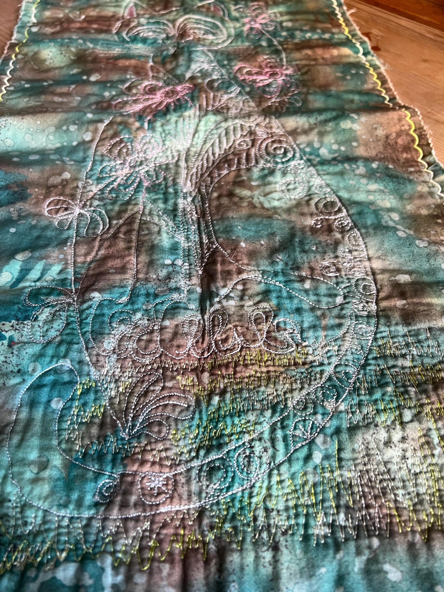Unique wall hanging stylised cat on tie dyed fabric Wall art decor