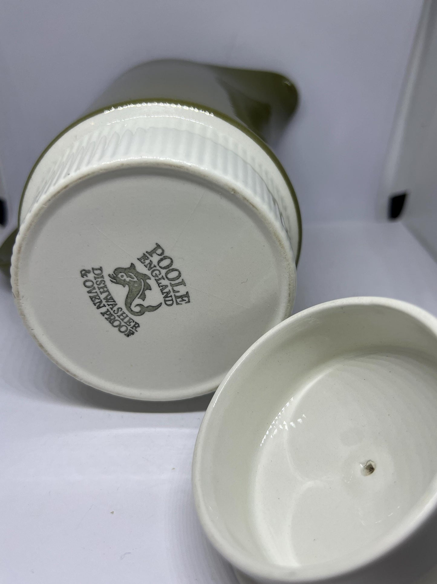Vintage Poole Pottery coffee pot teapot. Olive green and cream ceramic compact lidded coffee tea chocolate pot.