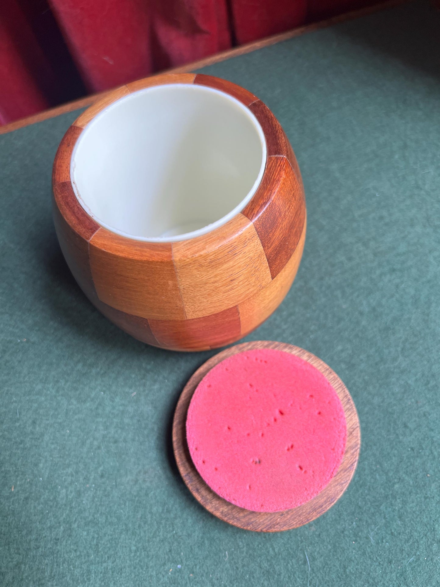 Mixed Wood Tea Caddy Vintage 1950s Cambridge Ware Biscuit Barrel