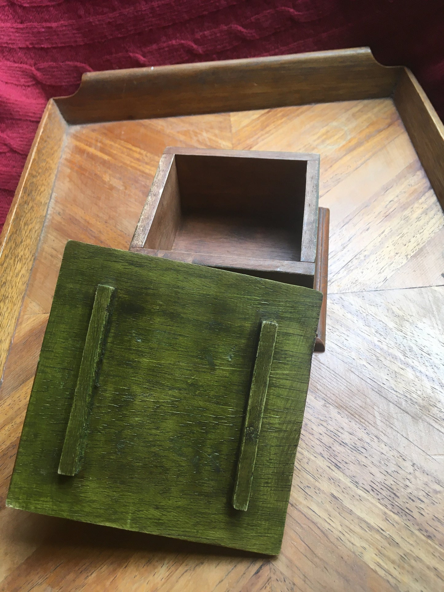 Hand-carved tortoise-lidded square wooden box. Made in Thailand.