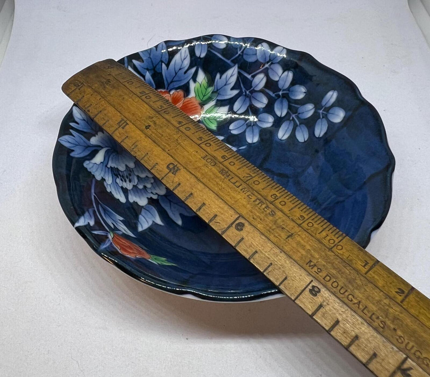 Trinket bowl Blue floral ring disk Hand painted orange flower dish.