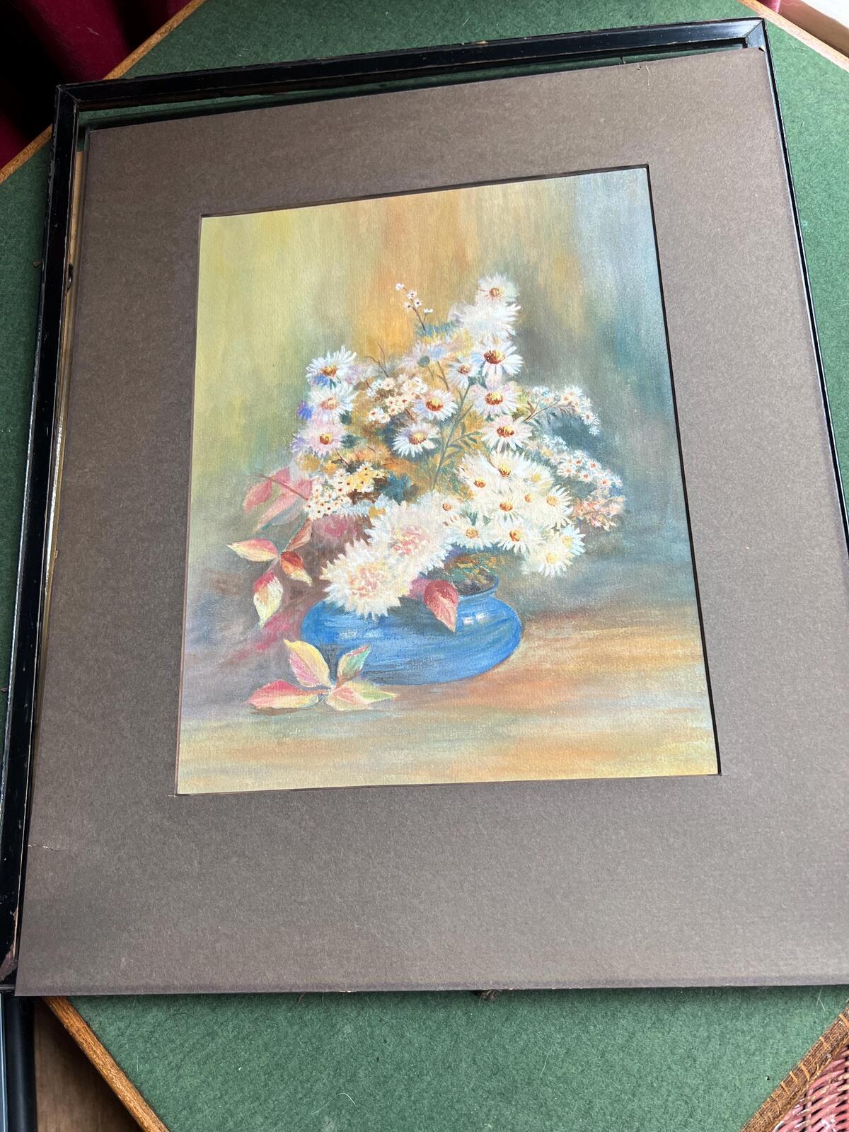 Original 1930s painting Daisies in a blue bowl. Gallery wall decor.