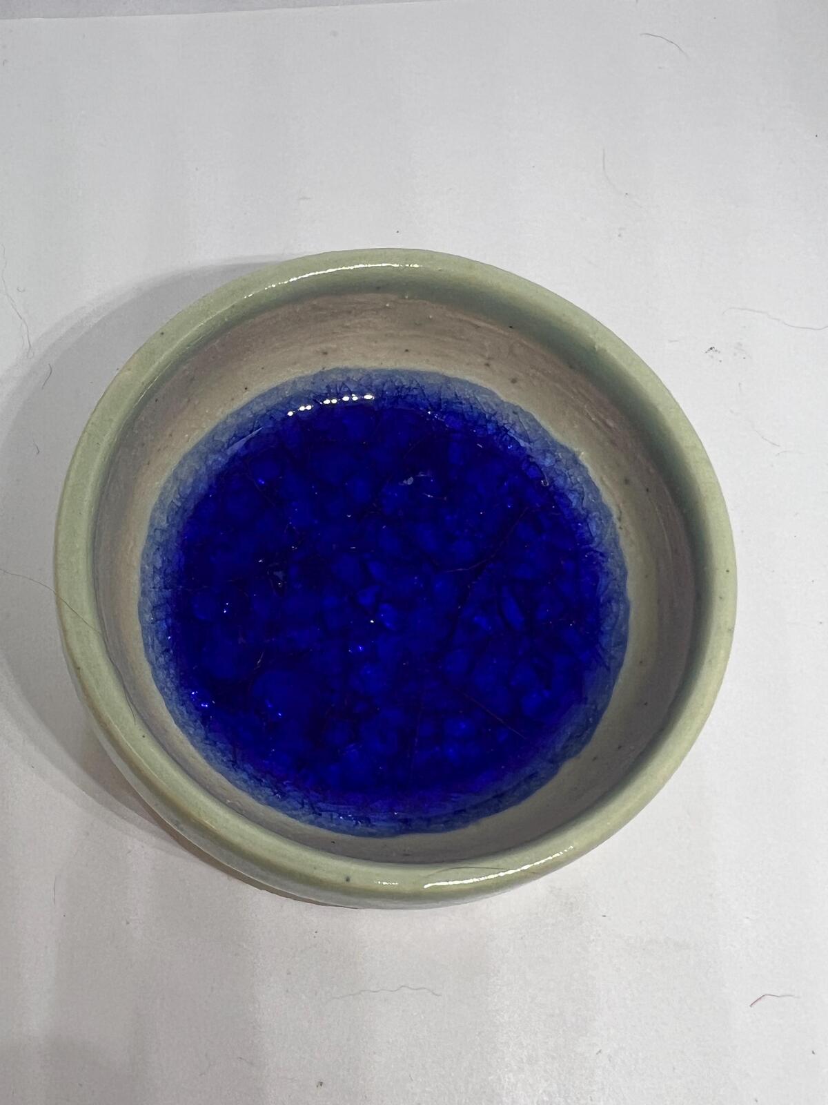 Studio pottery trinket dish. Blue Crackle glass glaze ring dish.