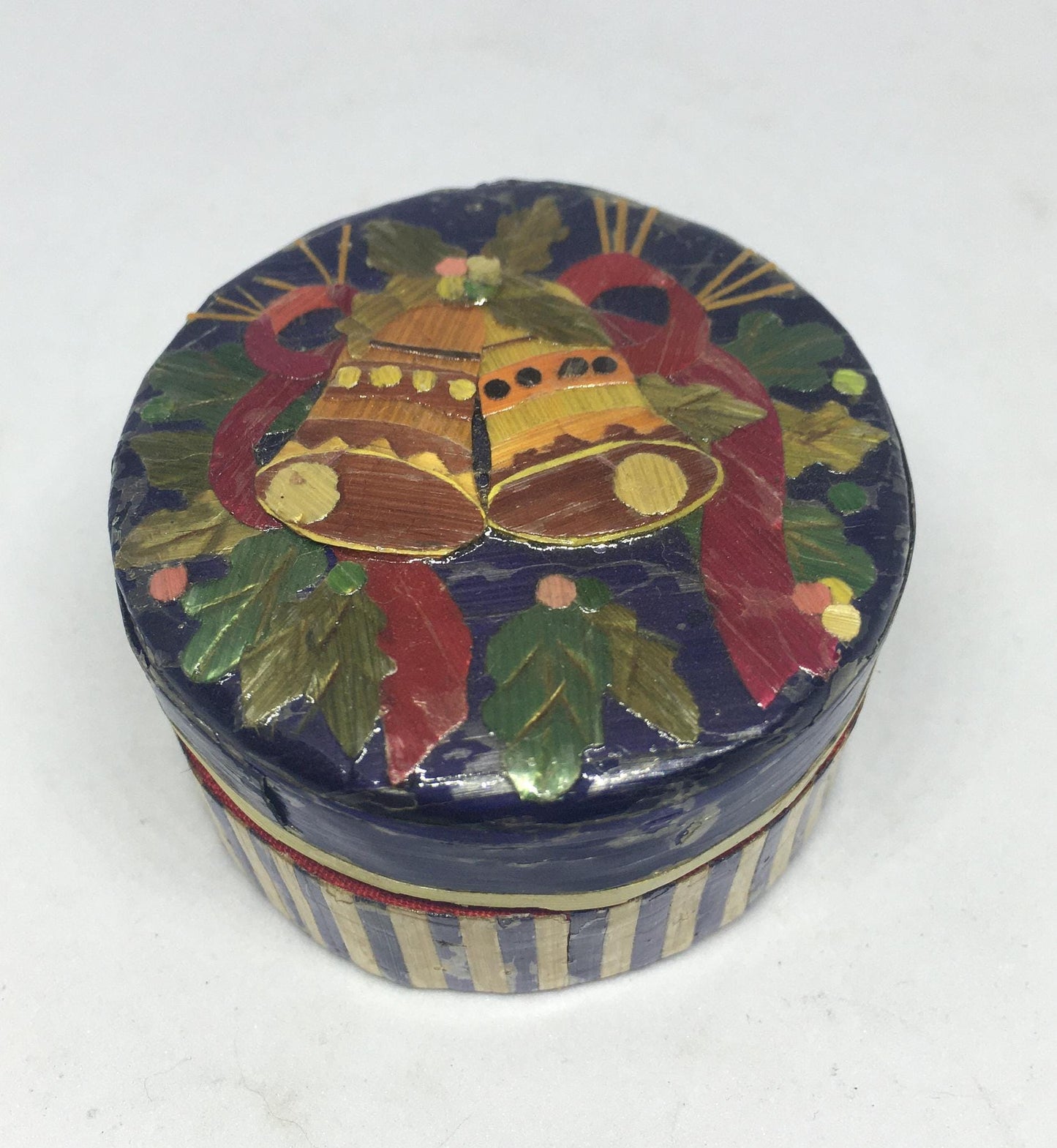 Festive lidded trinket gift box. Christmas bells design.