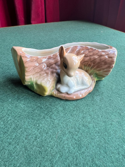 Posy vase planter. Baby deer by a log. Stamped Hornsea Fauna Royal.