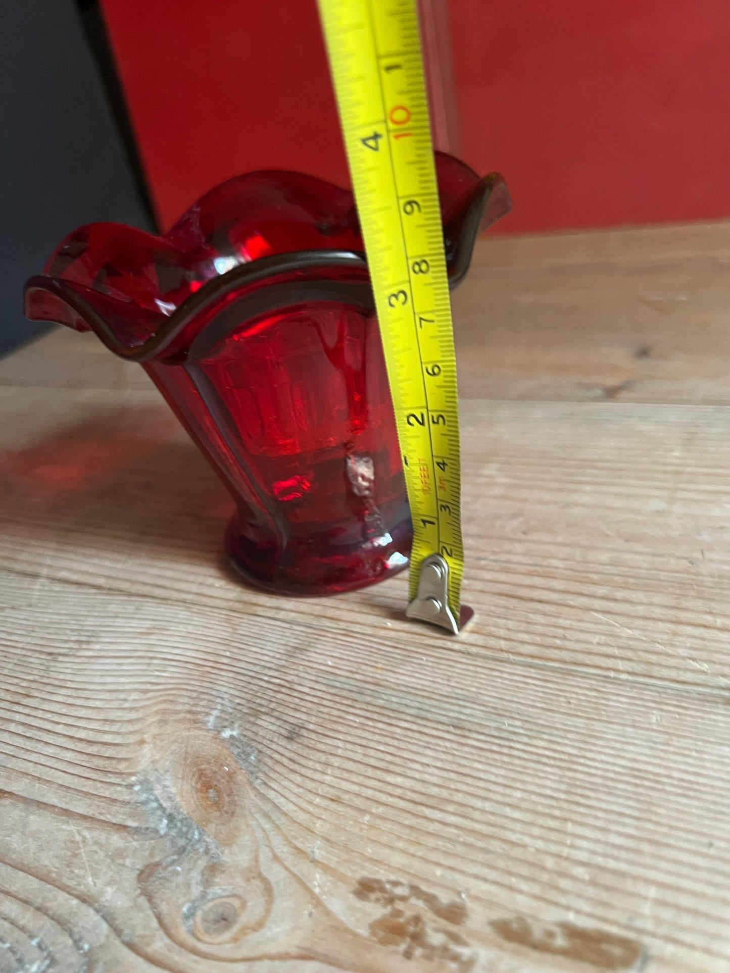 Art Deco style red glass posy vase with original clear glass flower frog. UV reactive.