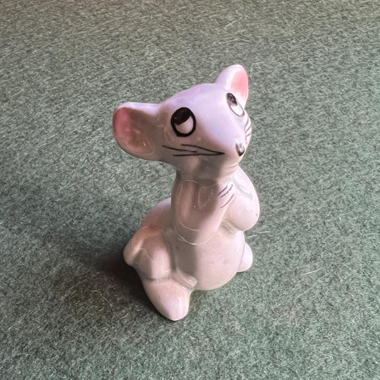 Quirky Vintage ceramic mouse figurine. Hand painted white mouse with pink details.