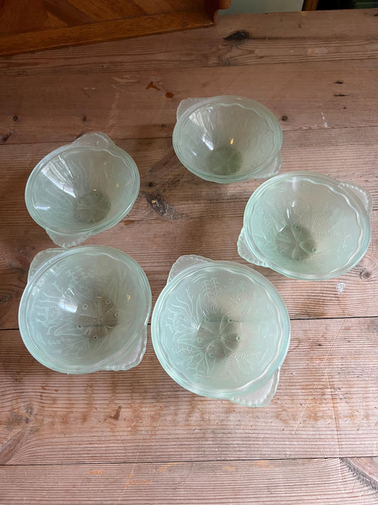 Set of Vintage Green Glass Fruit Bowls. 5 X Walther and Sohne Germany Fish & Seaweed pattern.t