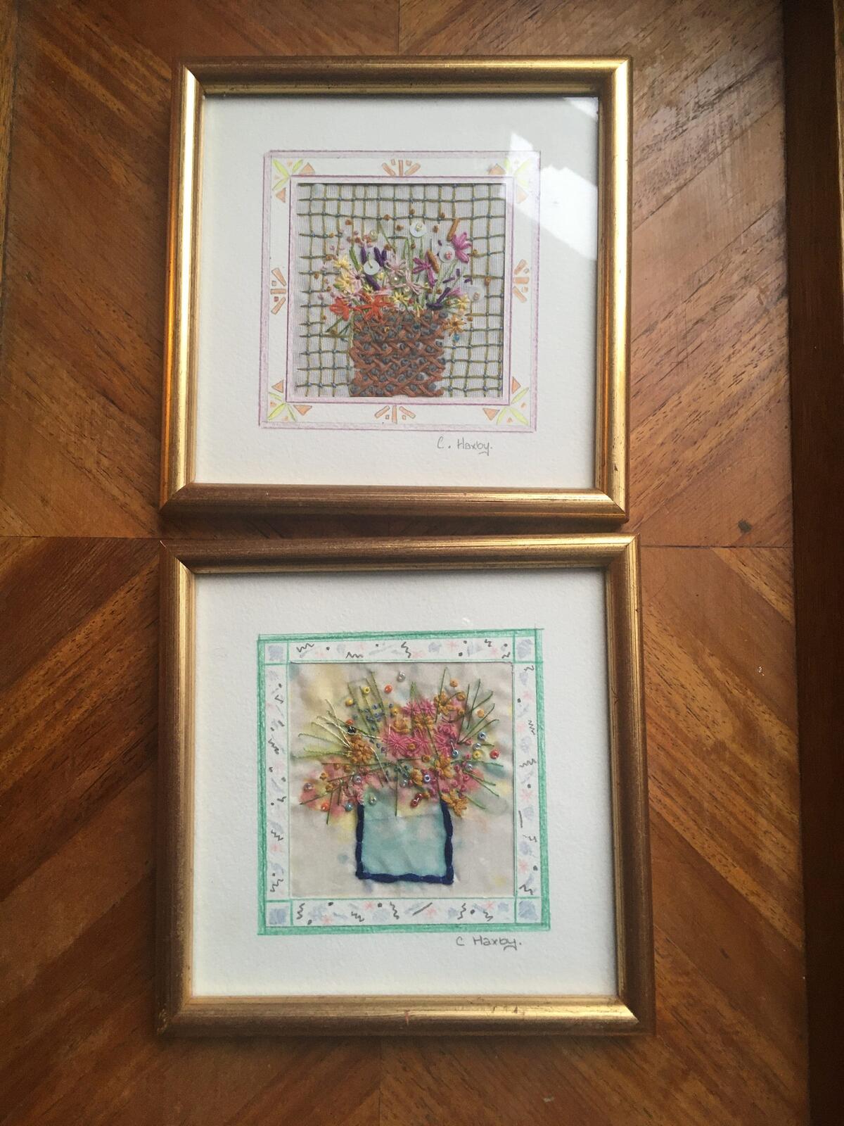 2 Beautiful detailed framed embroidery flower scenes. Textile art wildflowers.