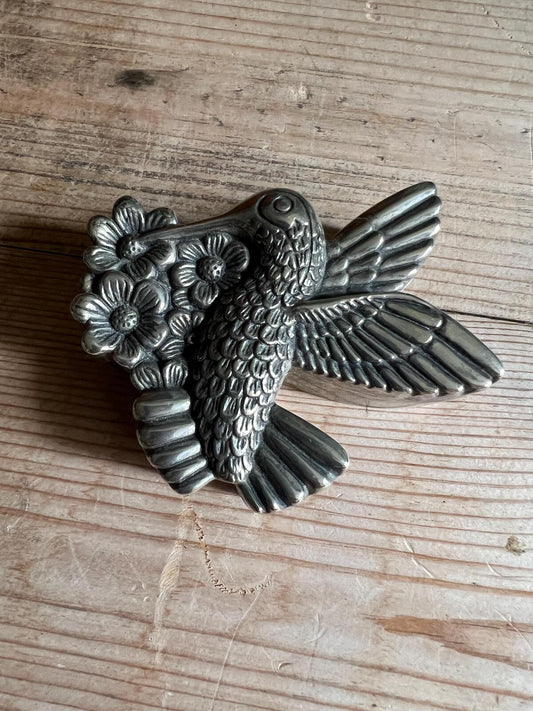 Vintage trinket box Hummingbird flowers lidded silver tone treasure box.
