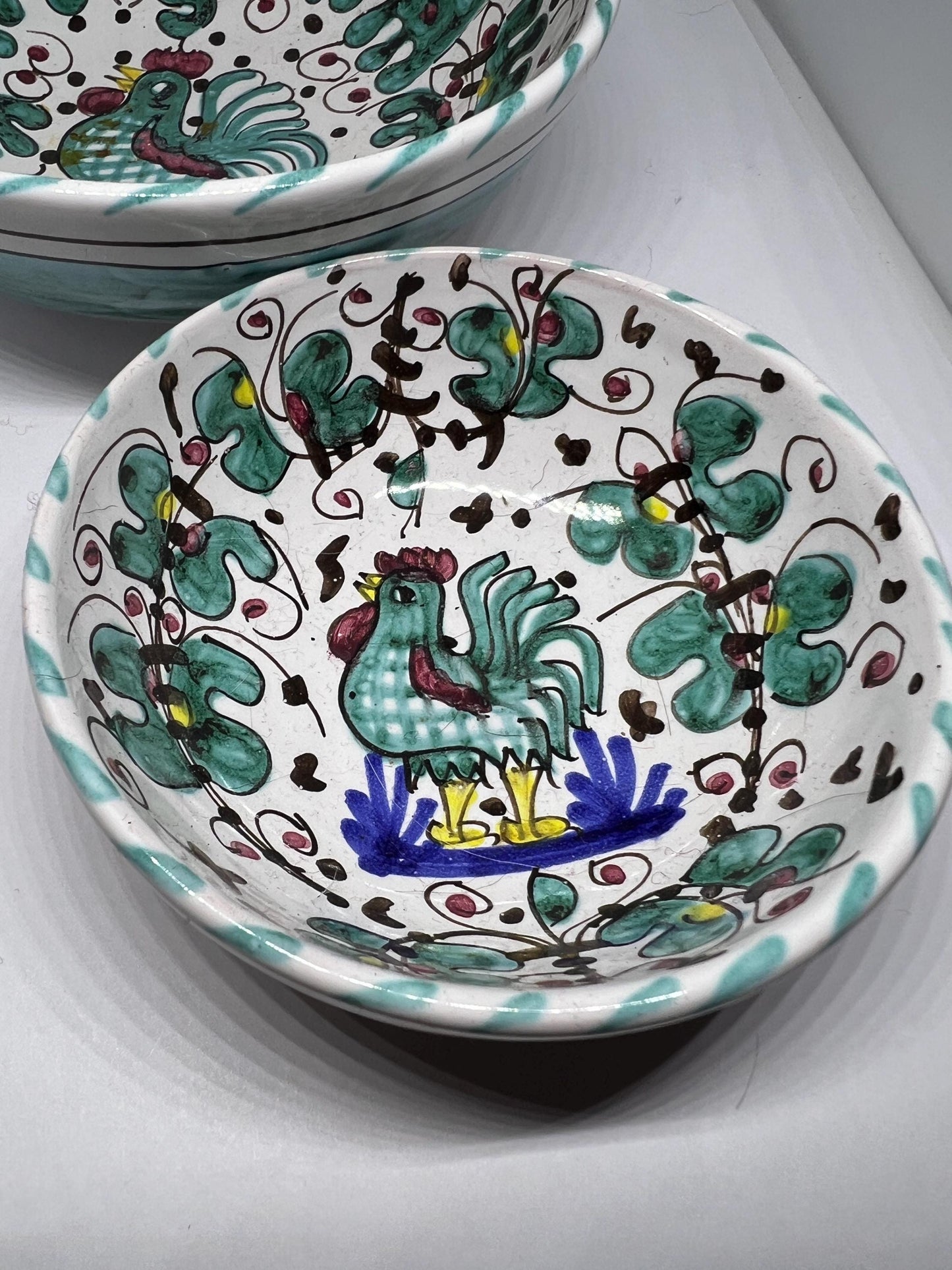Vintage Italian Olive oil bowl and handled sauce dish. Cockerel Rooster Italian Majolica