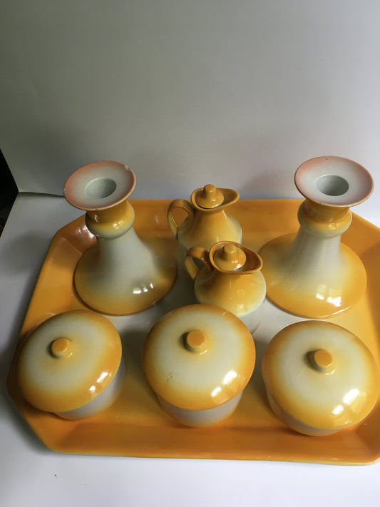 Beautiful vintage Yellow fade Adams Tunstall Dressing table set.