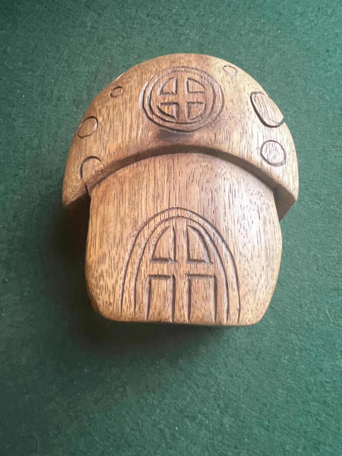 Vintage Handcrafted sheesham wood mushroom puzzle box with hidden compartment.