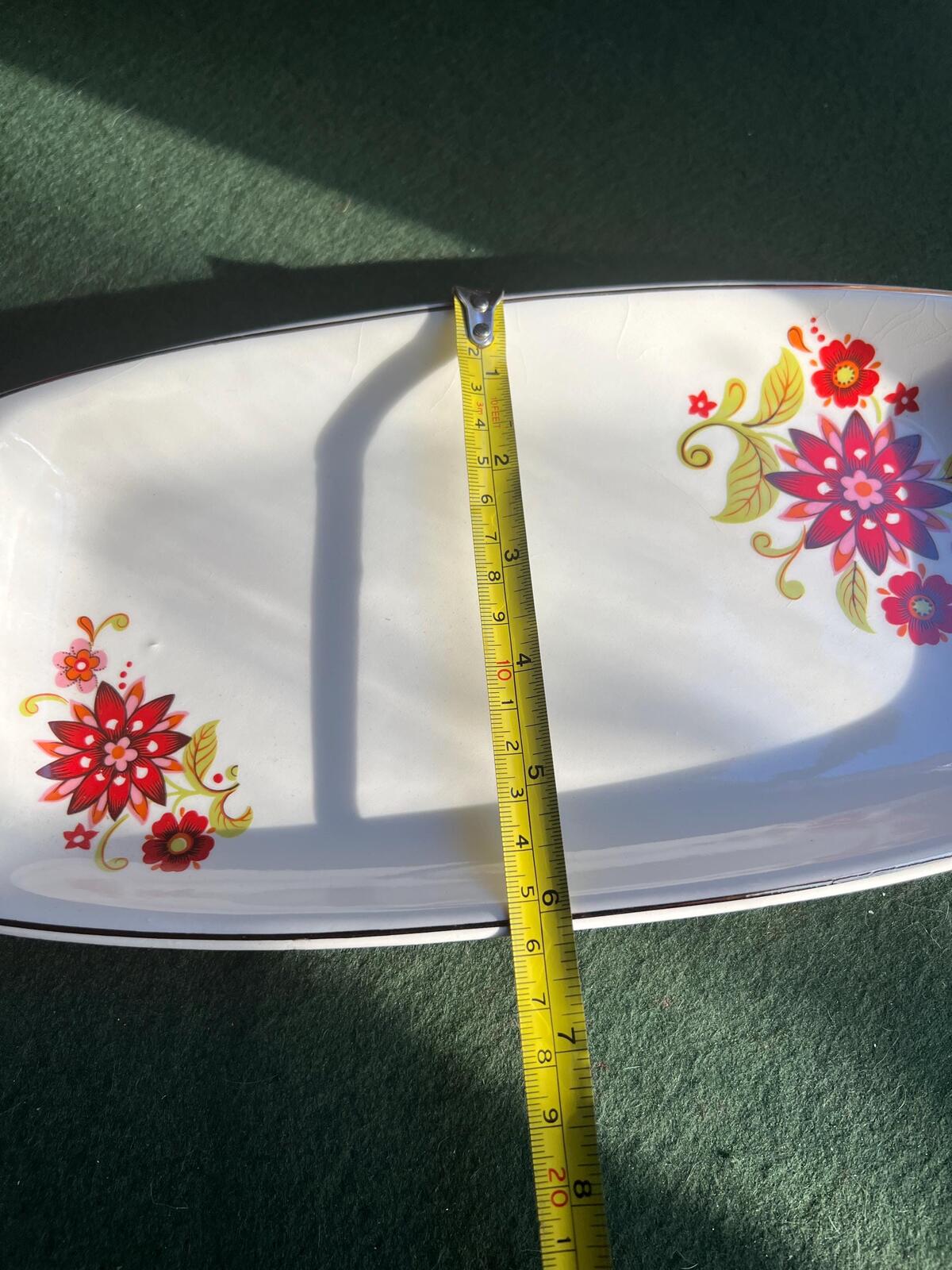 Floral sandwich plate White ceramic with red flower design. Made in Romania.