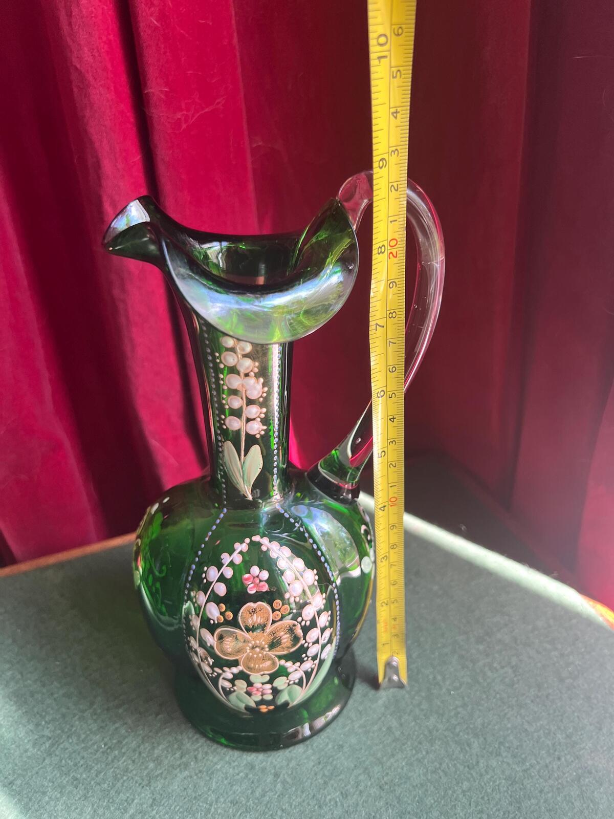 Art Deco Bohemian Green Glass Ewer Jug. Hand painted enamel and gilt floral decor. Art glass collector gift.