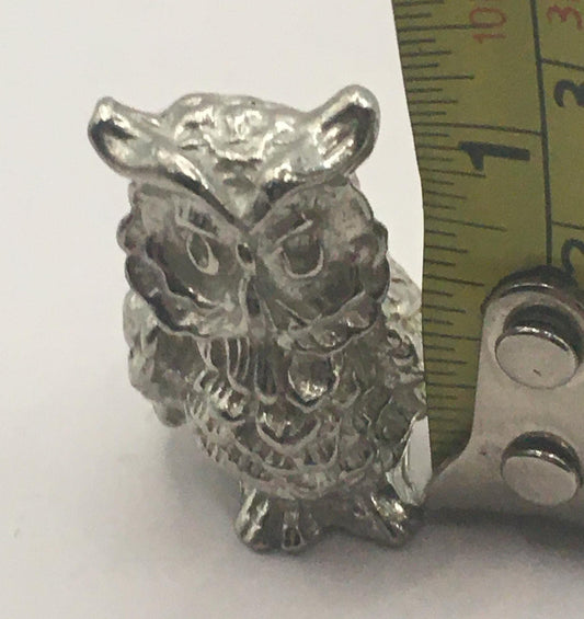 Metal owl ornament. Tiny silver tone owl figurine.