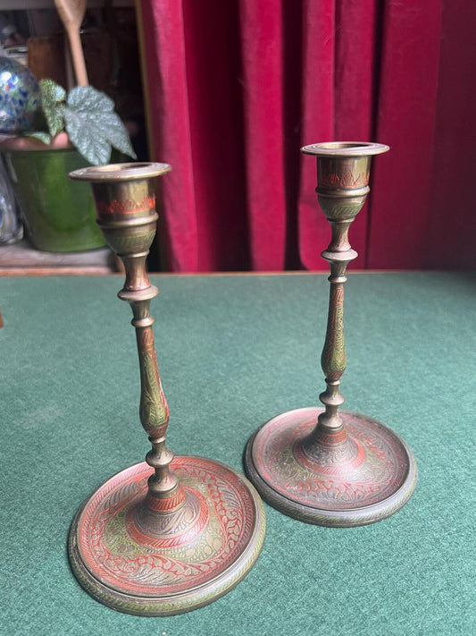Vintage Indian brass candlestick holders. Hand-etched floral design, red and green enamel inlay. Boho Indie decor.