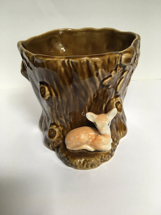 Vintage Sylvac Tree stump planter with fawn. 4287 with original sticker. Quirky vase utensil holder for a vintage kitchen.