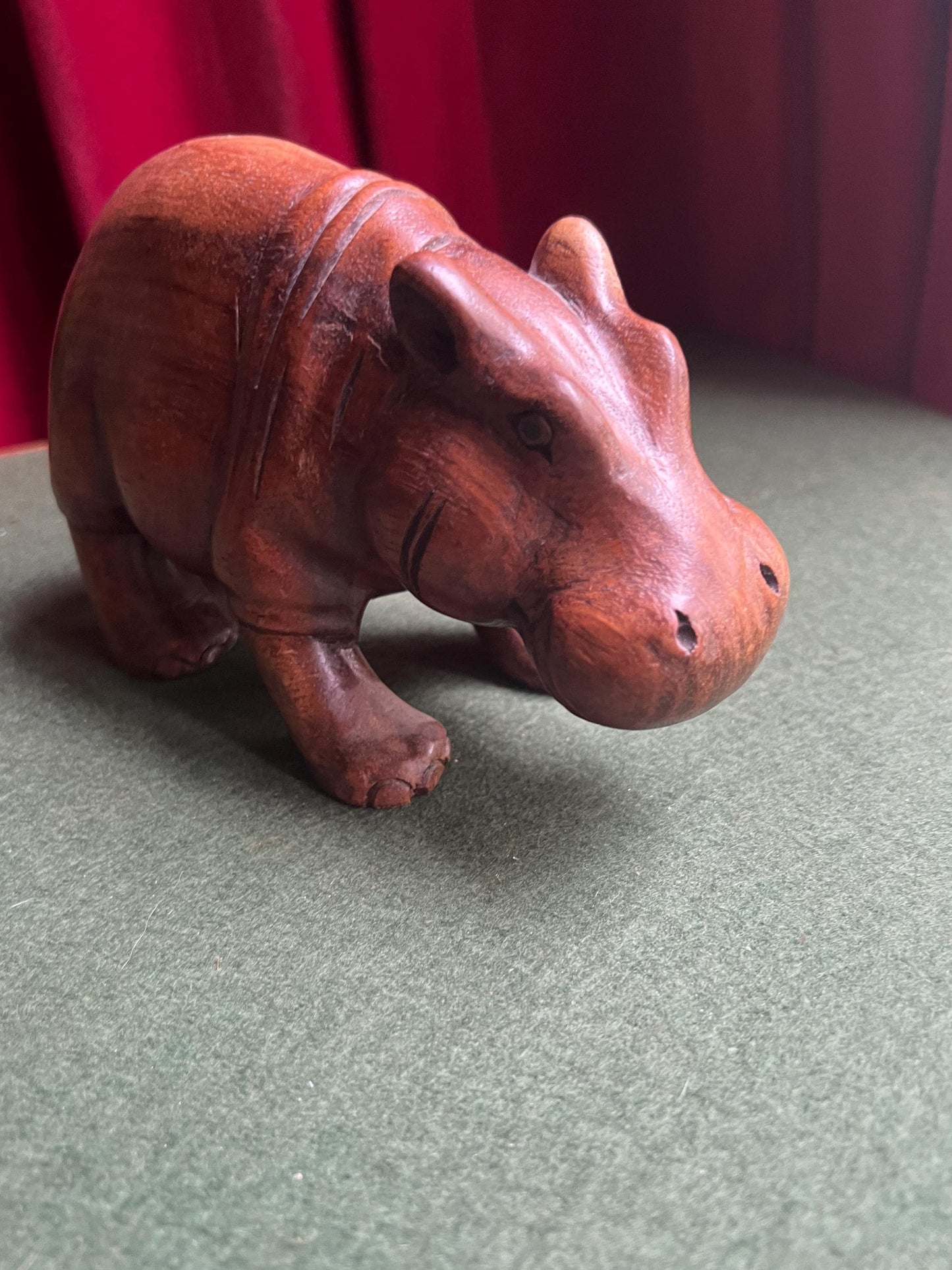 Vintage hand carved wooden hippo figurine. Treen house hippo ornament.