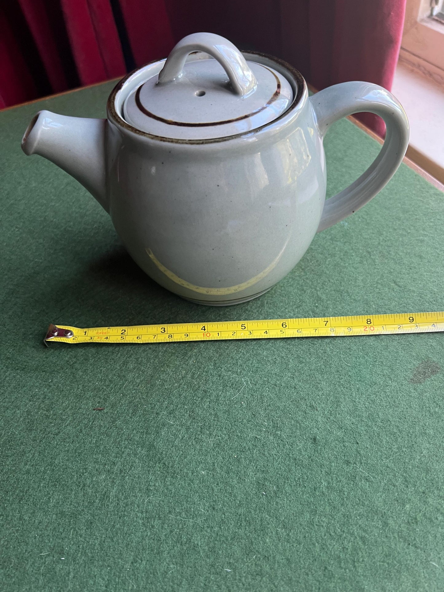 Pot bellied celadon glazed tea coffee pot. Speckled duck egg blue. Stamped Highland Stoneware Scotland.