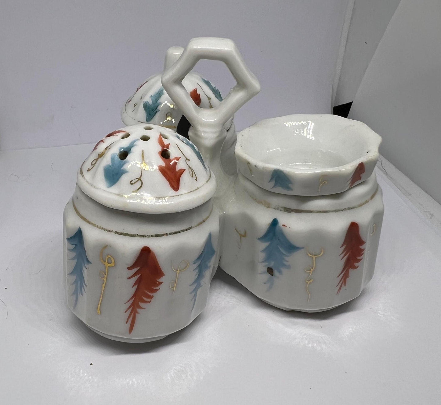 3 part lidded Salt pepper mustard trio.
