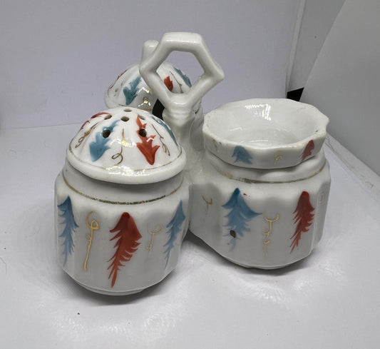 3 part lidded Salt pepper mustard trio.