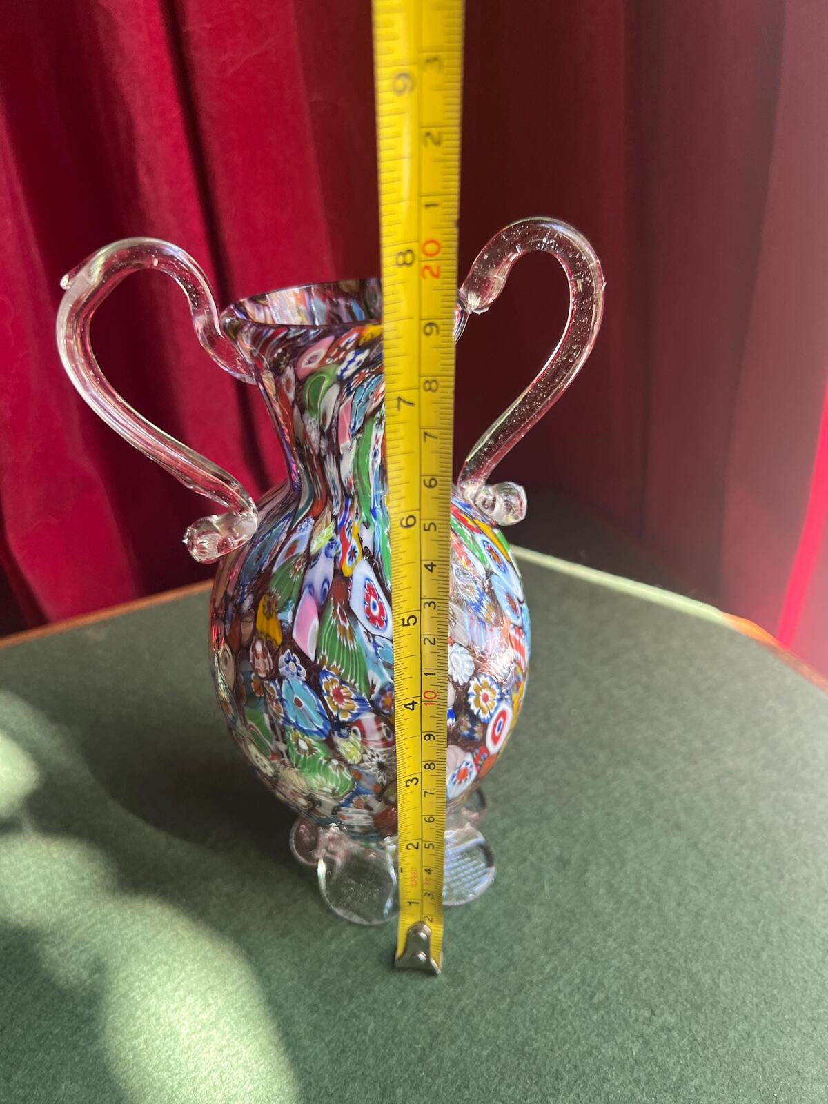 Vintage Murano art glass vase. Tutti Fruit twin handled millefiori. In the style of Fratelli Toso.. Art glass collector gift.