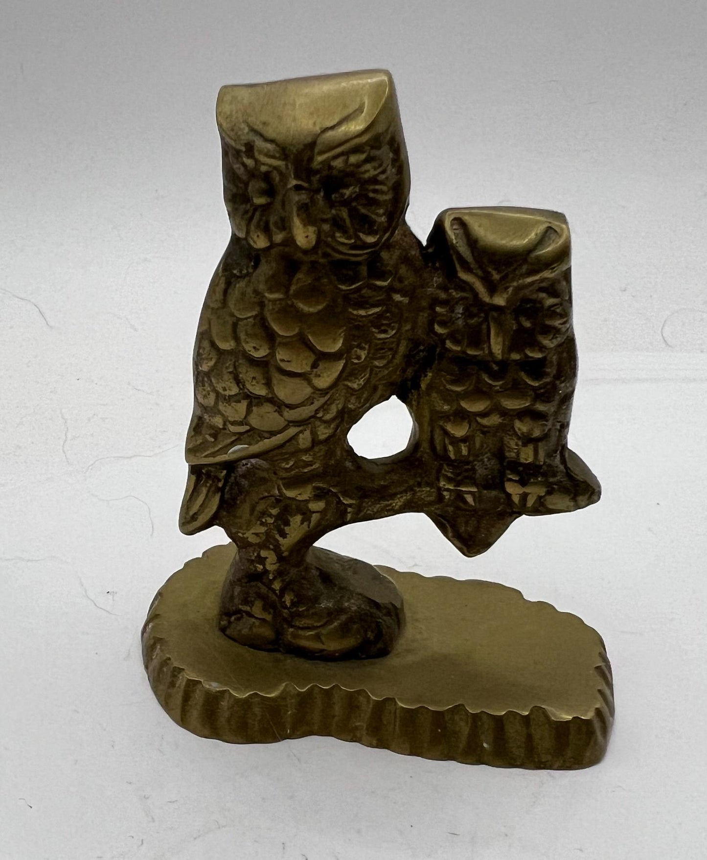 Vintage brass owl mum and baby figurine. Owl family Sitting on a branch.