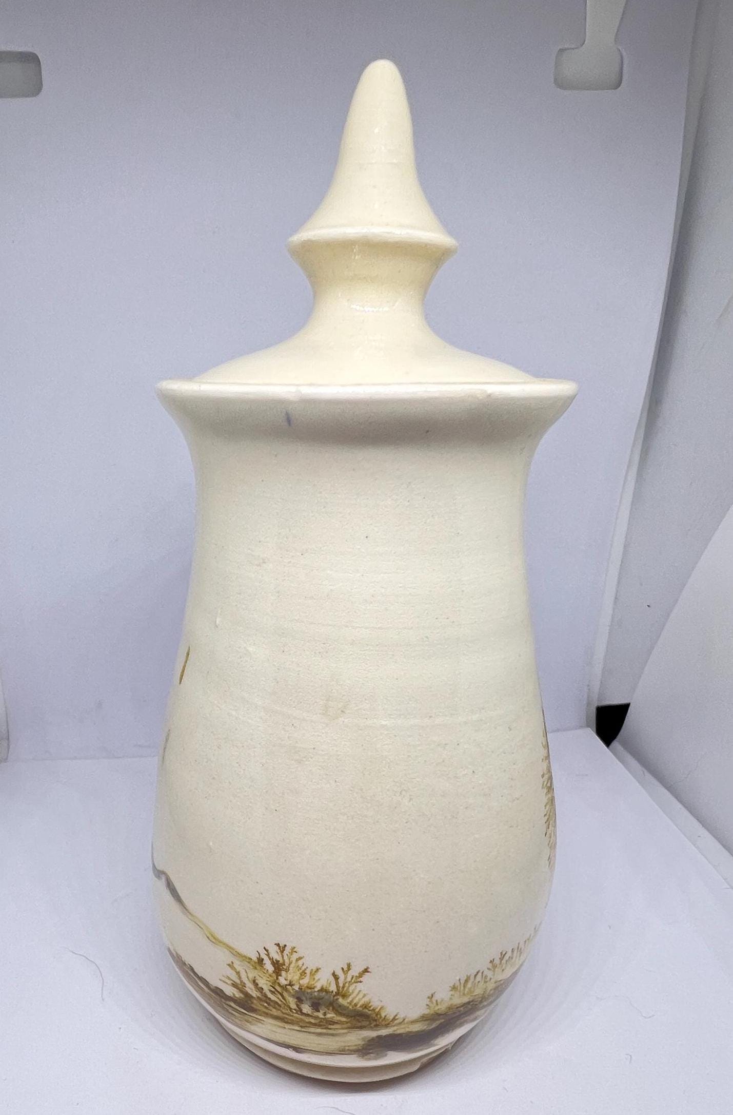 Mocha ware lidded pot Cream glaze with tree design detail in the style of Vanessa Waller.