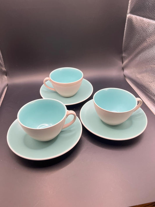 Vintage teacups and saucers Poole pottery Ice green mushroom twintone. Set of 3