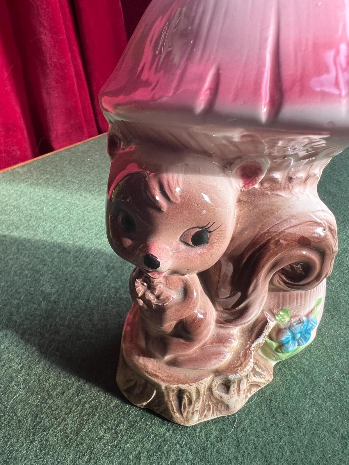 Quirky Squirrel money bank. Kitsch anthropomorphic squirrel sitting under a pink mushroom. MC decor.