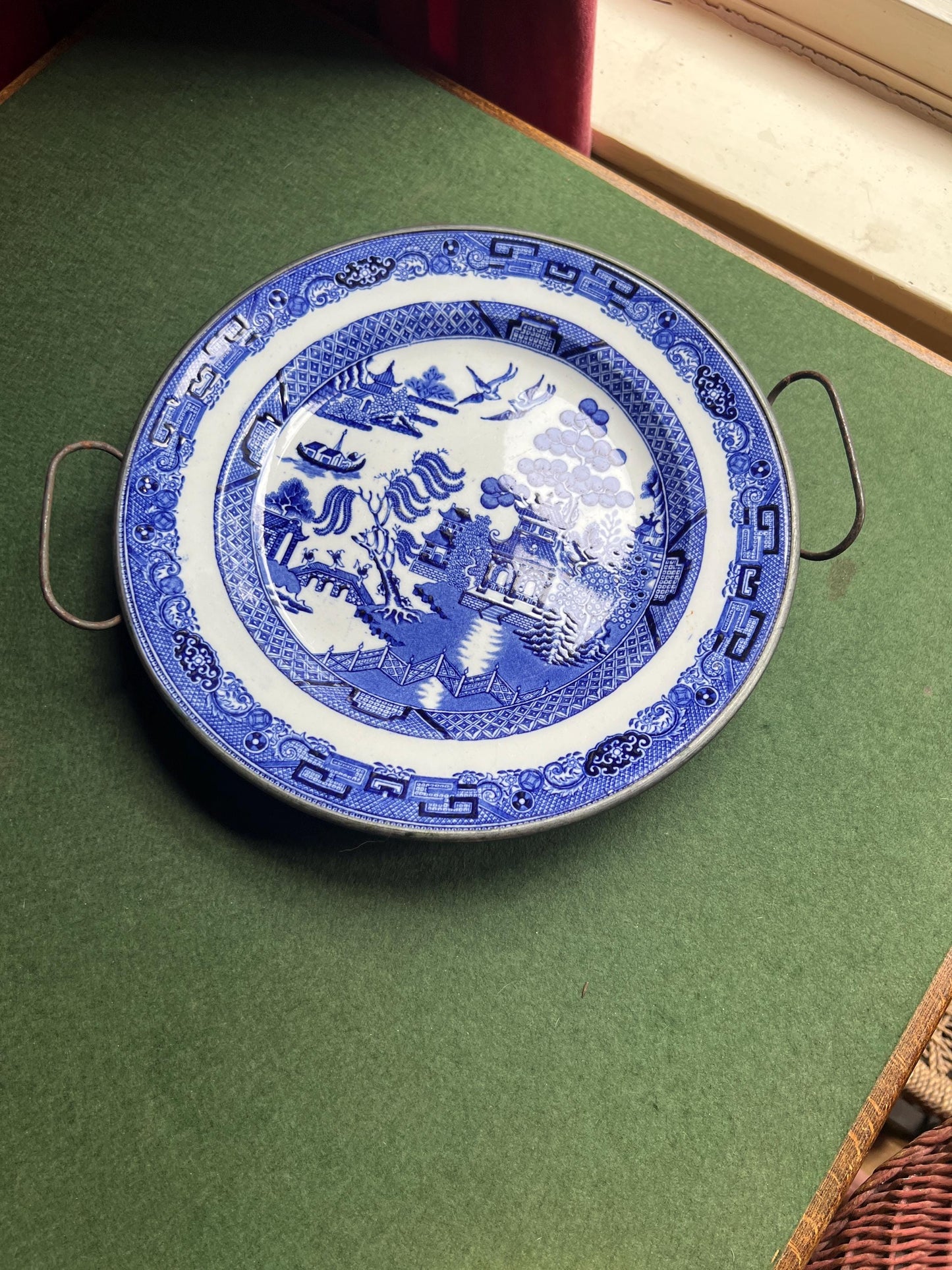 Vintage antique warming plate Blue willow design copper backed hollow plate.